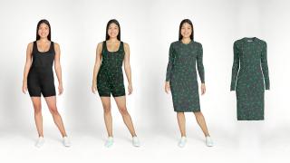 a woman before and after a virtual dress is placed on her body