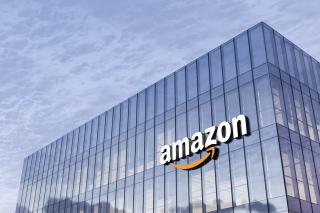an amazon logo on a glass building