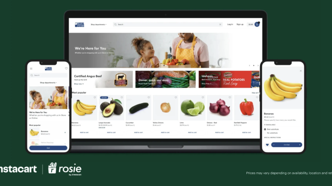 A photo illustration showing Instacart's technology on iPhones and a laptop.
