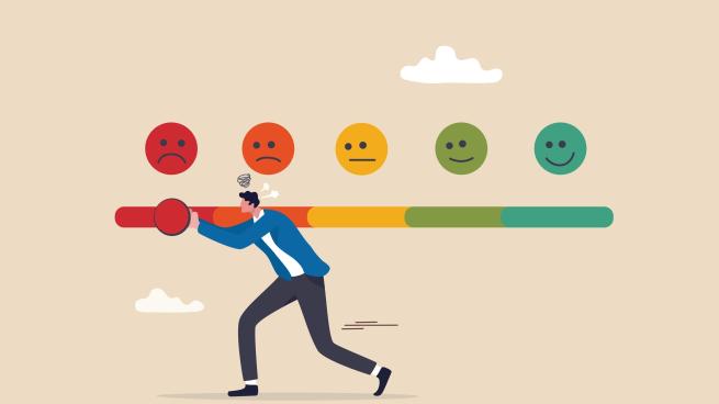 A graphic of a man pushing a slider toward an angry face.