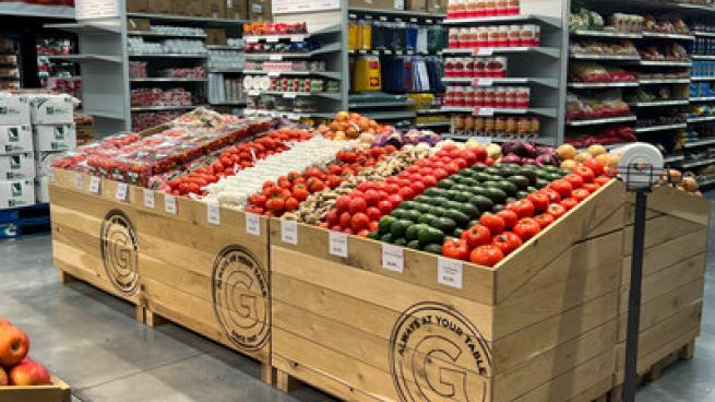 A photo of the interior of a Gordon Food Service store showing produce.
