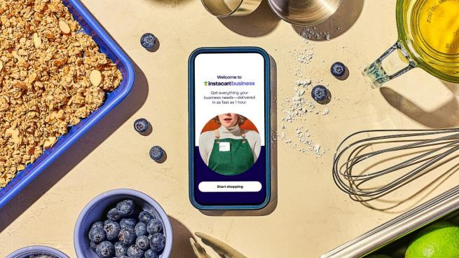 A graphic showing an iPhone on a table with the Instacart Business app open.