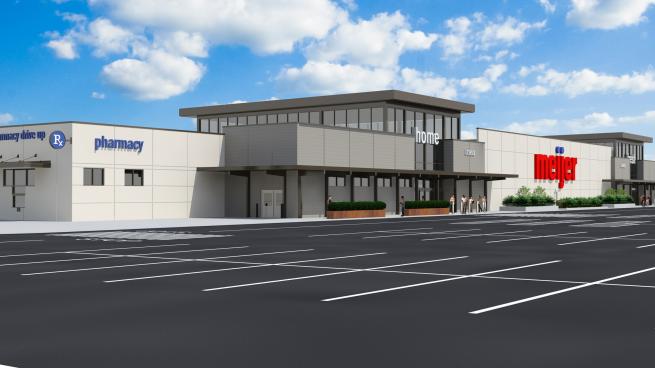 A rending showing a forthcoming Meijer store.